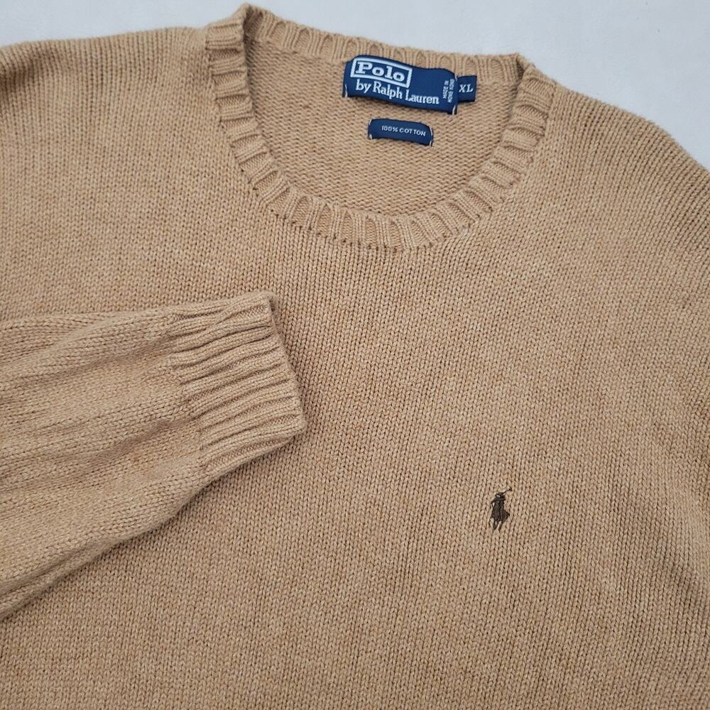 Vintage POLO Ralph Lauren Camel Brown Mens 100% Cotton Sweater Crew Neck XL - Picture 12 of 12